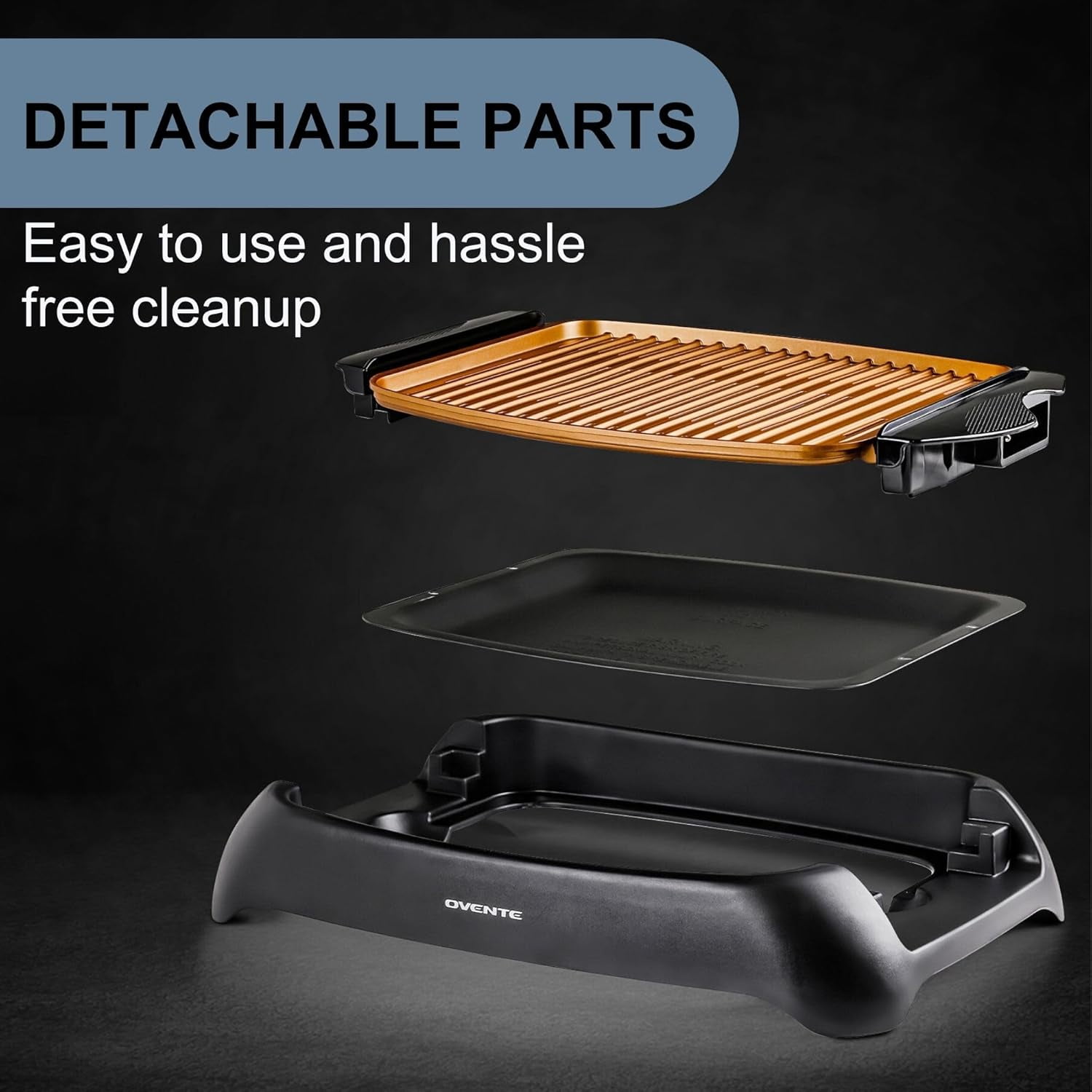 OVENTE Electric Indoor Grill with 13x10 Inch Non-Stick Cooking Surface, 1000W Fast Heat Up Power, Adjustable Temperature, Removable and Dishwasher Safe Grilling Plate and Drip Tray, Copper GD1632NLCO