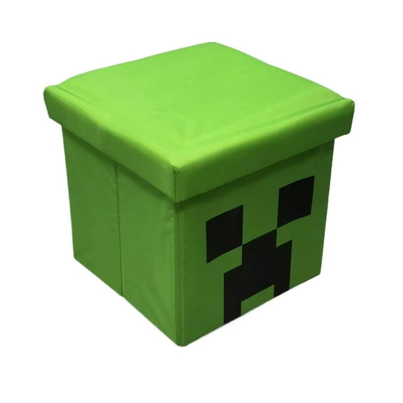 Pixel Living Folding Storage Stool 14in - Green & Black Cube Seat with Pixel Face, 2-in-1 Collapsible Ottoman for Gaming Room​​