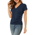 thumbnail image 5 of INSPIRE CHIC Women's Tops Wrap V Neck Short Sleeves Button Decor Ruched Causal Blouses L Navy Blue, 5 of 6