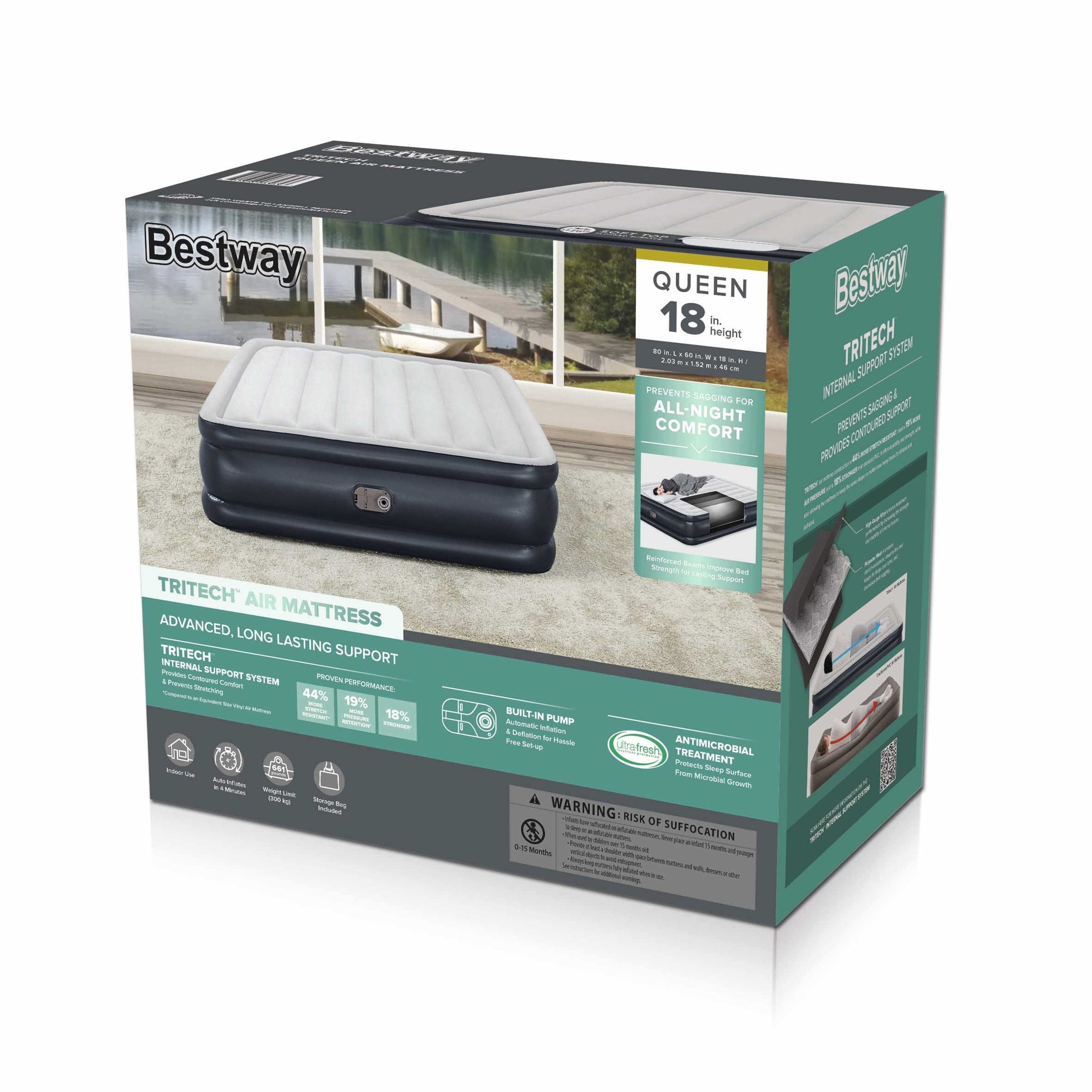 Bestway® 18" Tritech Air Mattress Queen with Built-in Pump