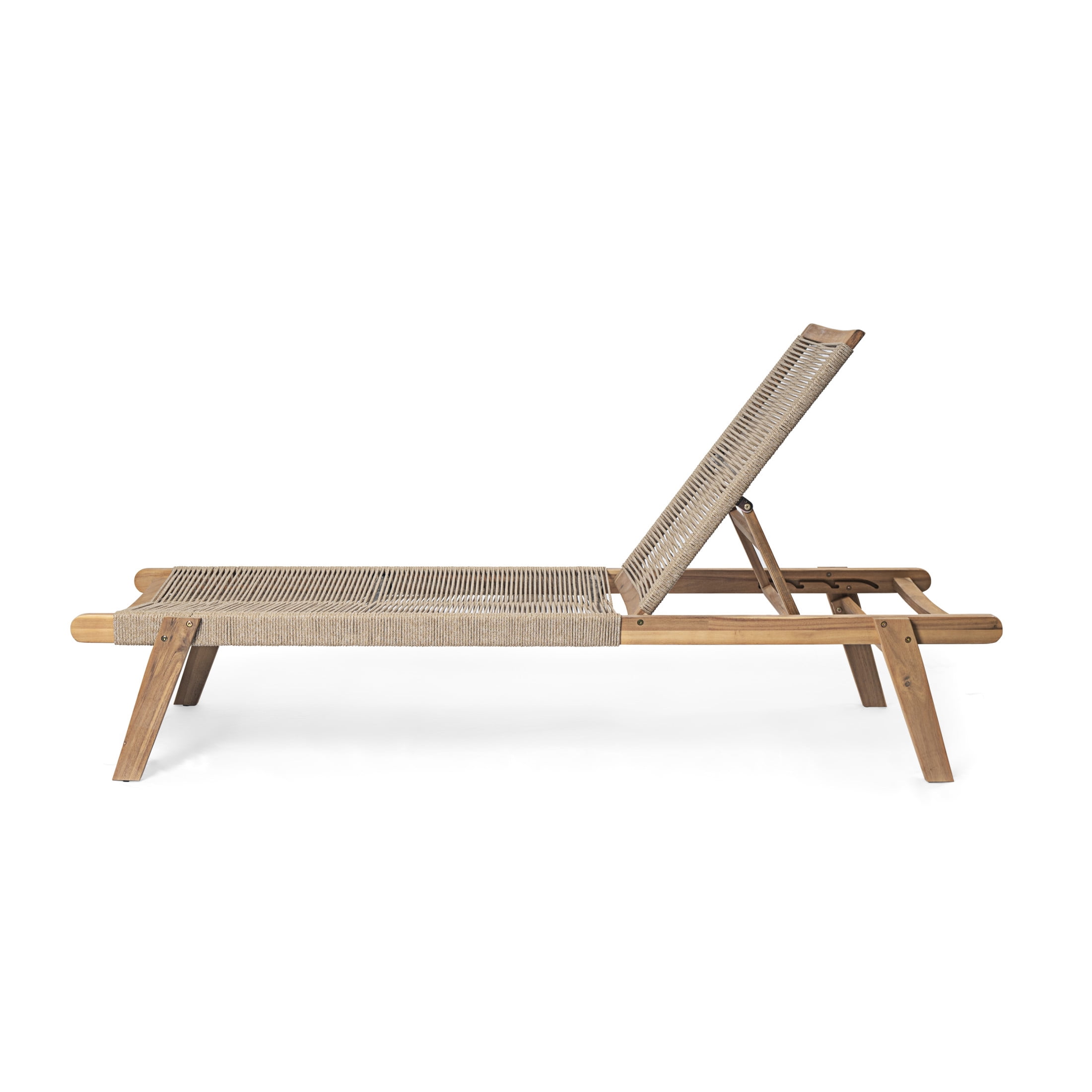 Lurelle Outdoor Braided Rope Chaise Lounge, Adjustable Back Rest, Acacia Wood, Beige + Teak, Set of 2