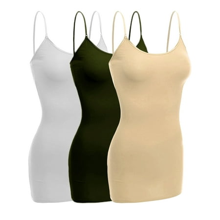 

Women & Juniors Basic Layering Built in Bra Spaghetti Strap Long Cami Top Tank