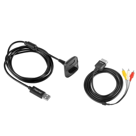 Insten Black Wireless Controller Charging Cable + AV Audio Video Cable Cord For Xbox 360