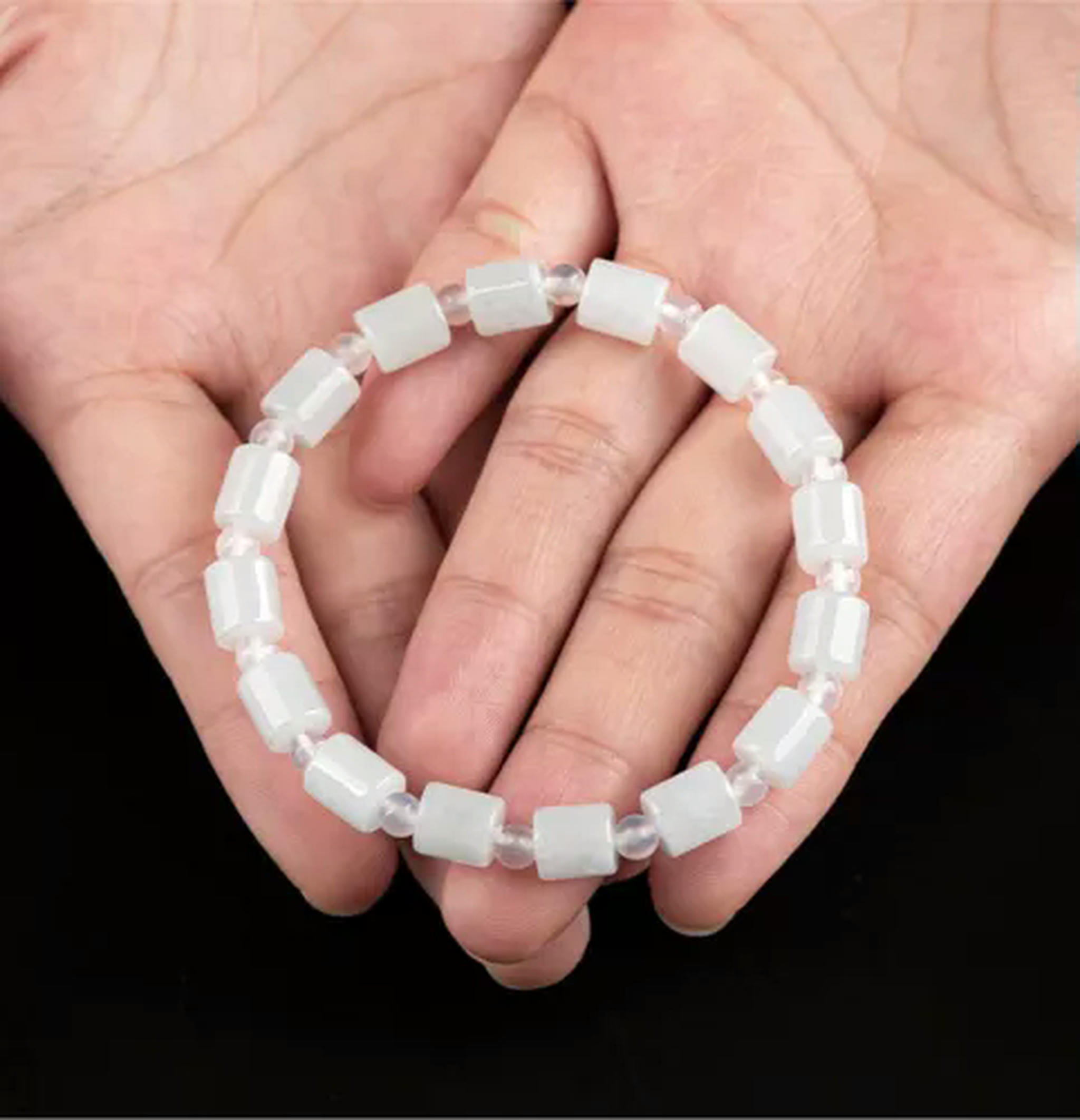 HOOUN Natural Grade A Jade Jadeite Agate Women Lucky Column Round Beaded Bracelet