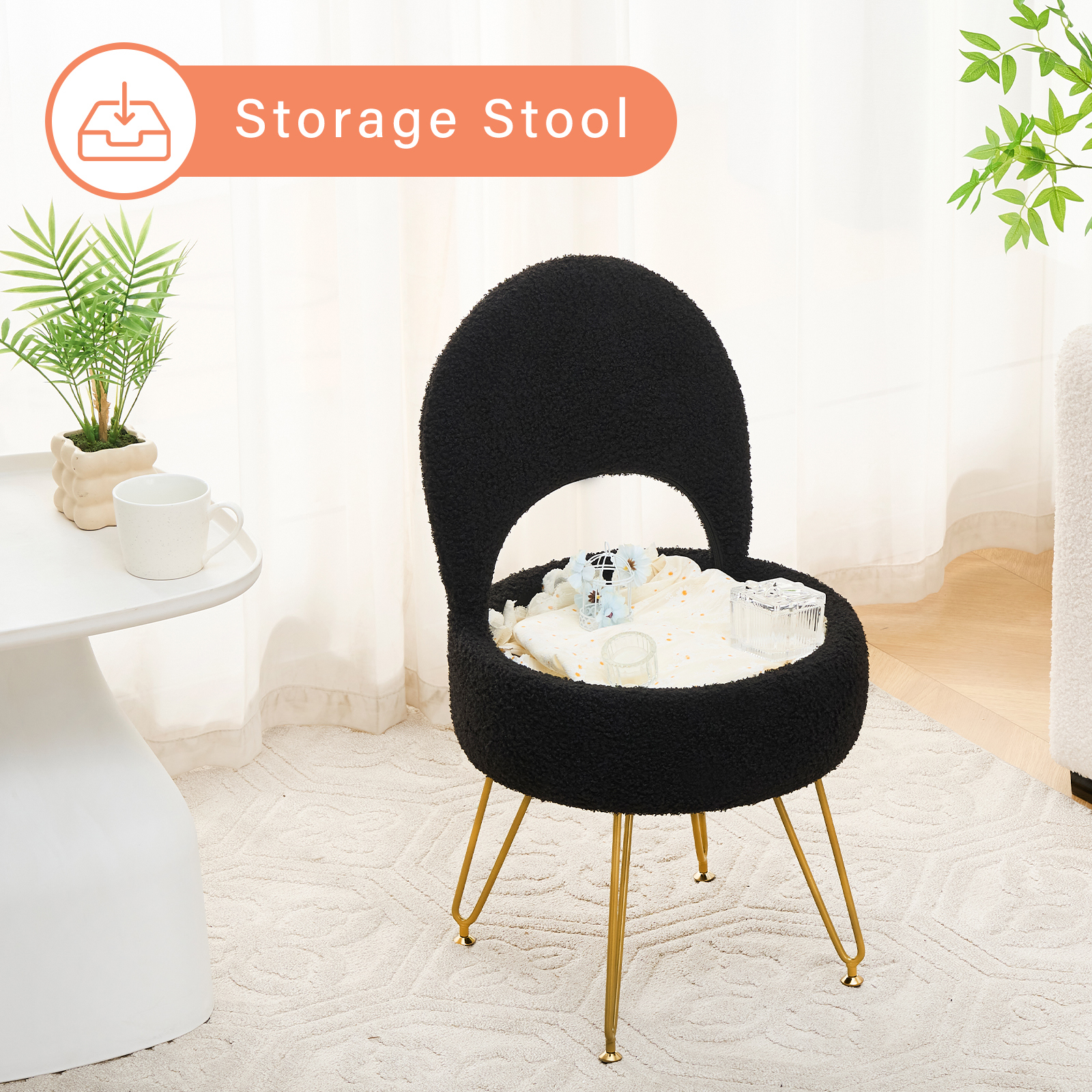 Casa Pura Furniture Modern Teddy Velvet Storage Ottoman Folding Back Vanity Stool Round Black