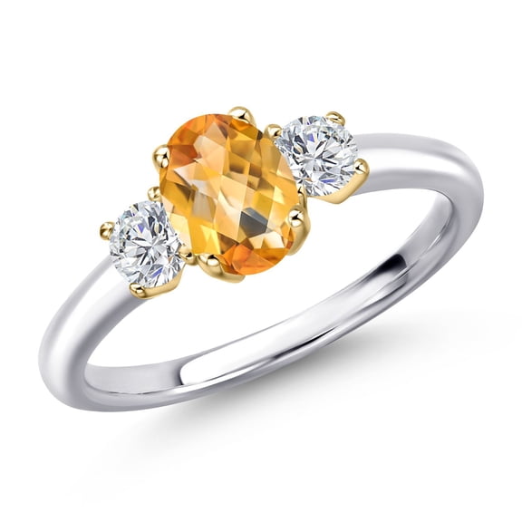 Gem Stone King 925 Silver and 10K Yellow Gold Yellow Citrine and Lab Grown Diamond Engagement Ring for Women | 1.07 Cttw | Oval Checkerboard 7X5MM | Gemstone November Birthstone | Size 8
