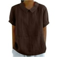 thumbnail image 2 of Fartey Women's Cotton Linen Shirts Cute Lapel Doll Neck T Shirts Summer Short Sleeve Tops Loose Breathable Solid Color Casual Blouses Brown L, 2 of 6