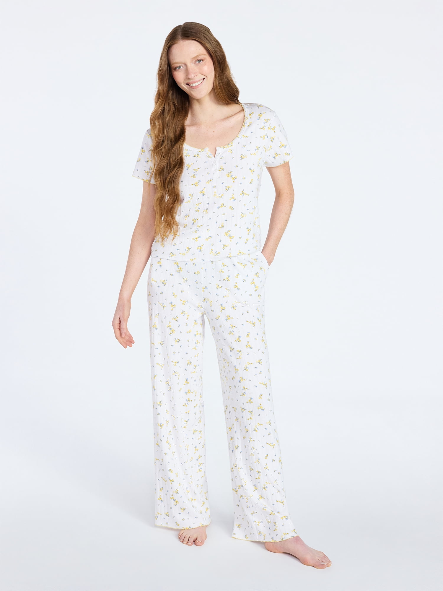 Joyspun Women’s Pointelle Knit Sleepwear Henley Tee with Short Sleeves, Sizes XS-3X