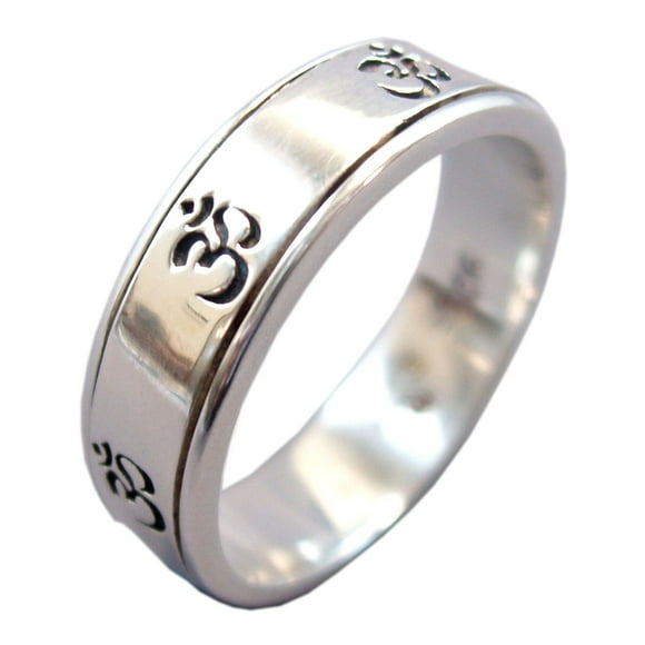 Energy Stone Seven Om Narrow Band Sterling Silver Meditation Spinner Ring (Style US39) (6.5)