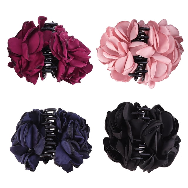 GOOHOCHY 4 pinzas grandes para el pelo con lazo de rosa y flor para mujer (rojo vino, negro, azul marino y rosa)