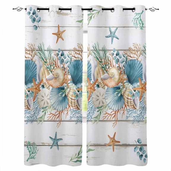 Vintage Beach Coastal Kitchen Curtains Nautical Shell Starfish Coral Summer Cafe Short Curtains for Bathroom Blackout Window Curtain Small Window Treatment Drapes for Bedroom Living Room 27.5"x39"x2