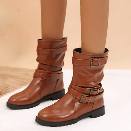 

Yinguo Ladies Solid Color Wrinkled Leather Belt Buckle Heel Fashion Mid Boots