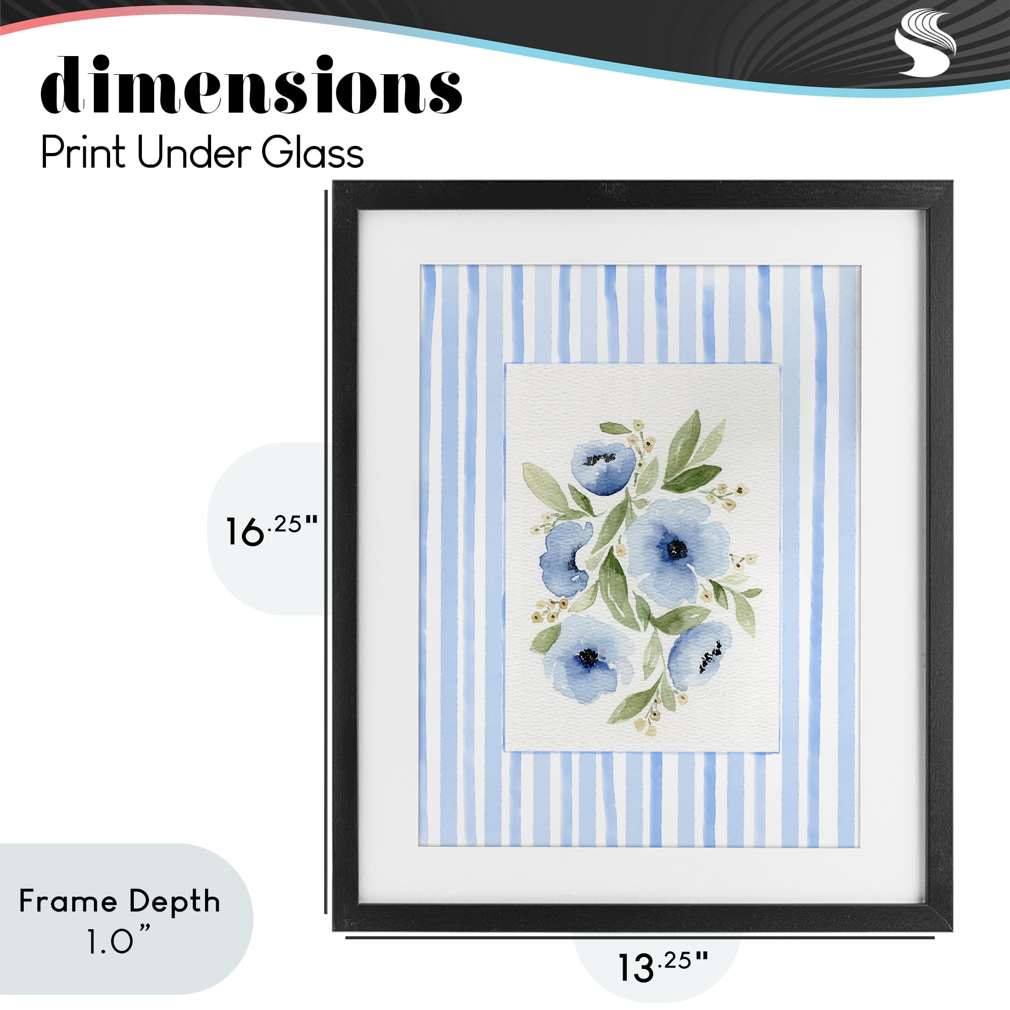 Stupell Industries Flowers With Stripe Border Black Framed Print Under Glass, design by Leah Noel Art