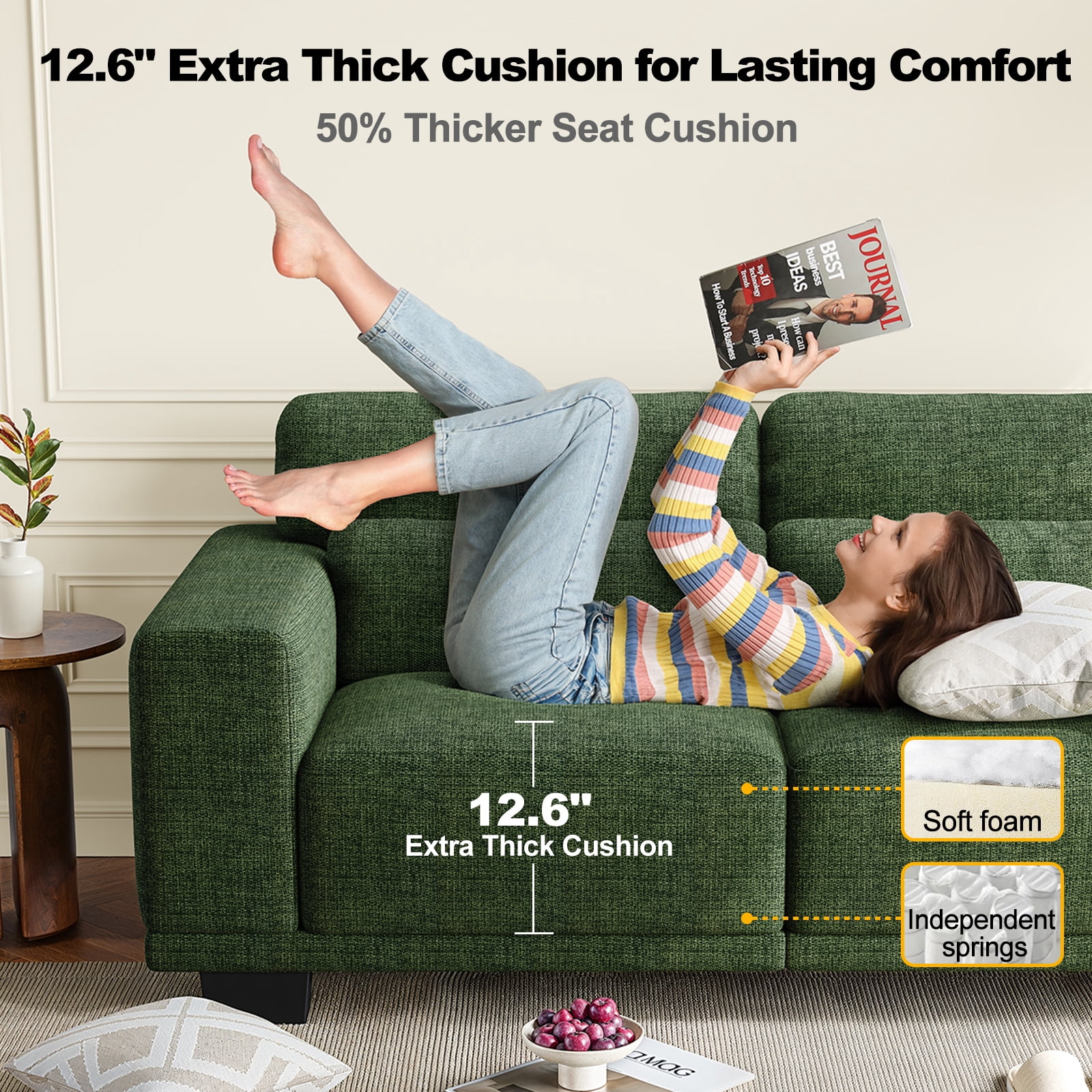 CHITOOMA 40" Oversized Accent Chair, Upholstered Armchair with Pillow and Removable Linen Cover, Deep Seat Sofa Chair with Wide Armrests for Living Room, Bedroom, or Office, Green