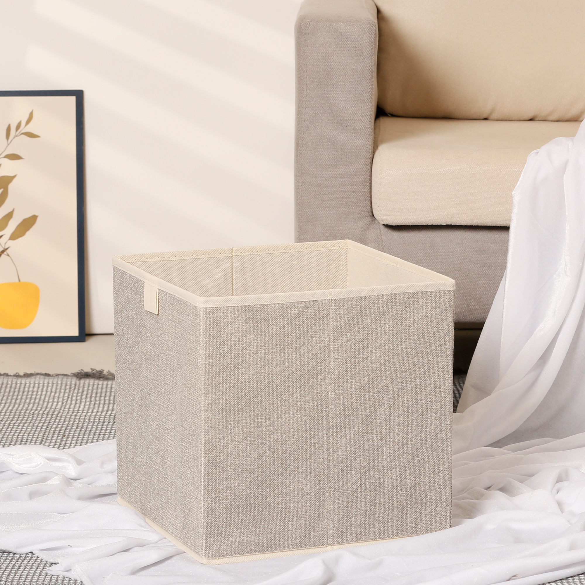 Unique Bargains Storage Cube Bin with Handles 1 Pack Collapsible Storage Basket Beige L