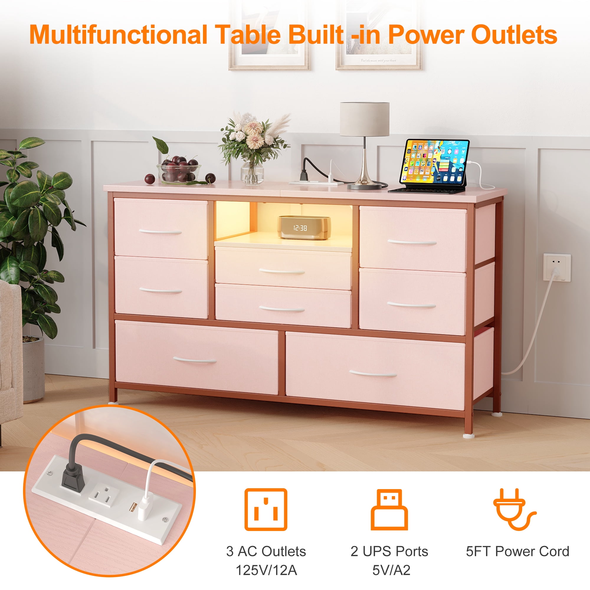 8 Dresser TV Stand with Power Outlet & LED for 55'' TV, Long Dresser for Bedroom with 8 Deep Drawers, Wide Console Table for Storage in Closet, Living Room, Entryway, Wood Top ,Pink