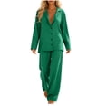 thumbnail image 2 of Cagogo Women's 2 Piece Long Sleeve V Neck Top Wide Leg Pants Set Solid Boho Vacation Outfits Loose Casual Lounge Tracksuits Travel Airport Clothes, Army Green S, 2 of 7