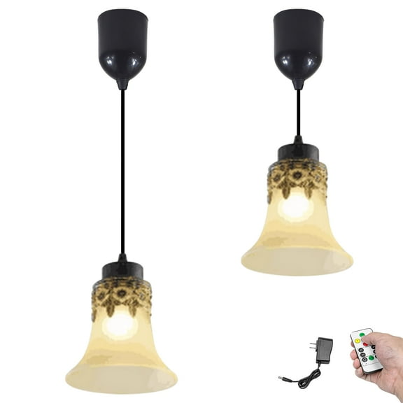 Kiven Battery Operated Pendant Light with Remote Control, Set of 2 Rechargeable Hanging Pendant Light Adjustable Height with Frosted Glass Lampshade for Bedroom Kitchen Home Decor TB3507
