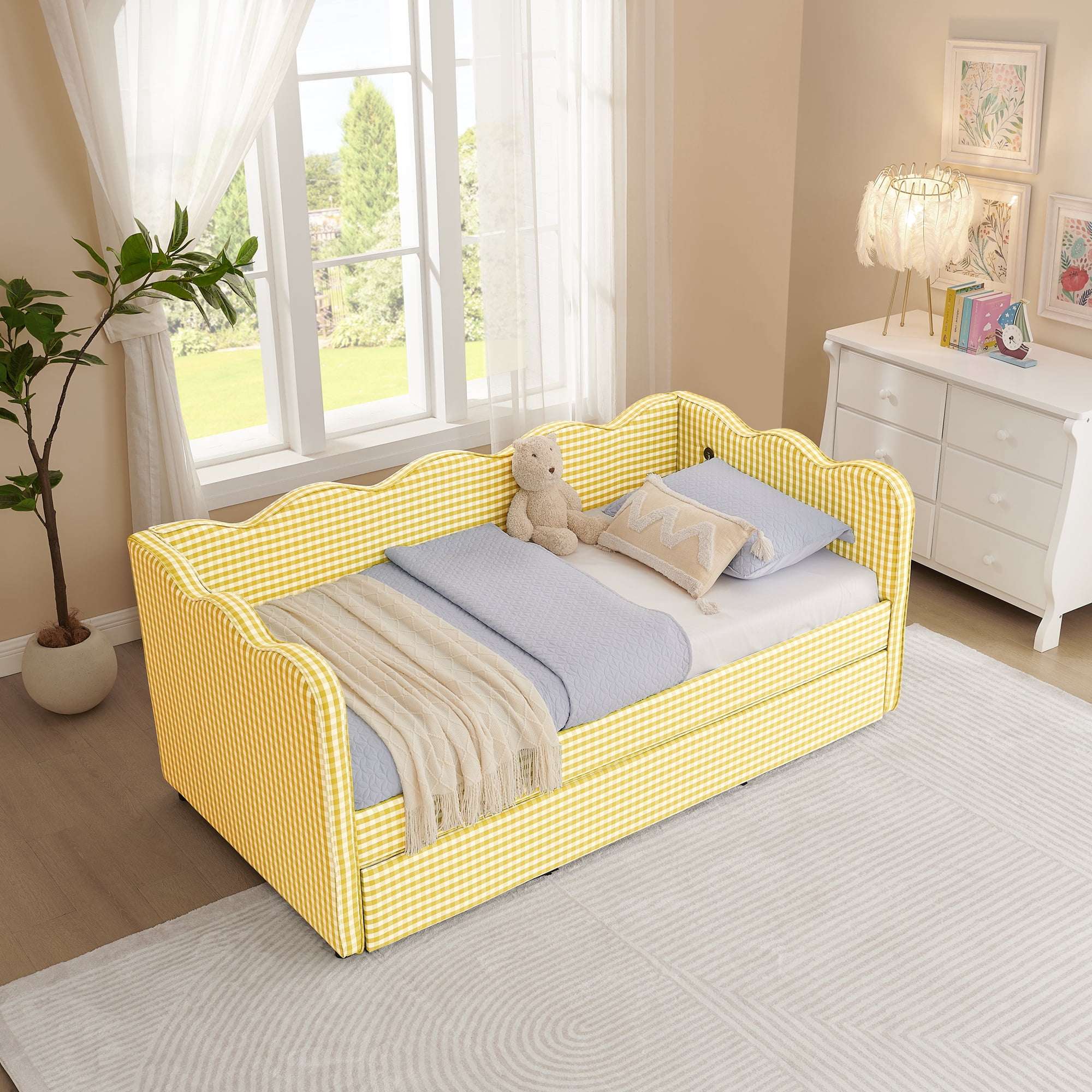 Twin Daybed with Trundle and USB Port, Upholstered Linen Sofa Bed Frame, Gingham Wave Design, No Box Spring Needed for Kids Bedroom, Yellow