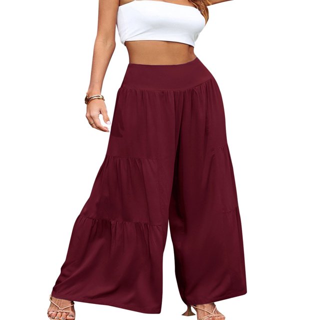POINTERTECK Pantalons Larges Amples pour Femmes Taille Haute Couleur Unie Coupe Décontractée Plissée