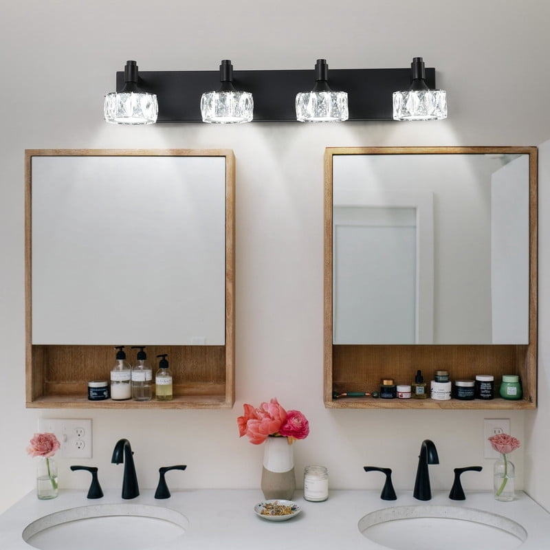 Modern 4-Light Matte Black LED Bathroom Vanity Light Fixture with Crystal Glass Shades, Elegant Lighting for Bathroom, Mirror, Powder Room, Dressing Room, Dimmable