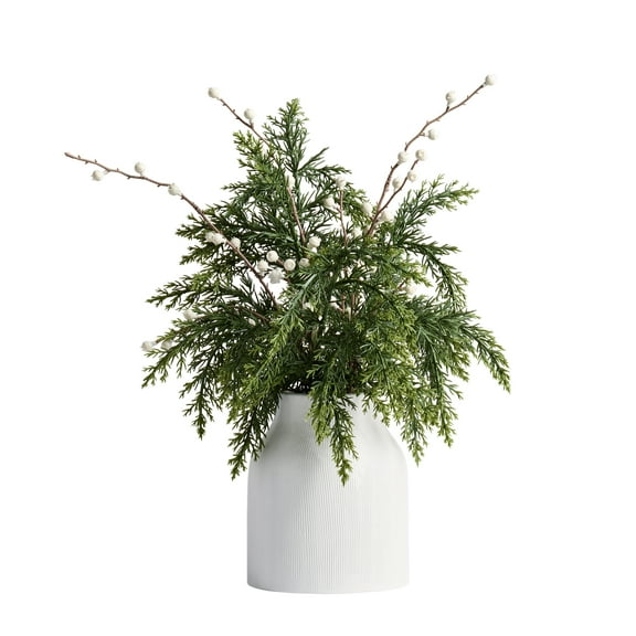Better Homes & Gardens 16" Artificial Cypress & Berries Arrangement in Ribbed Ceramic Vase