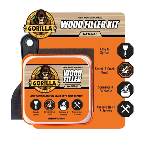 Gorilla All Purpose Wood Repair Kit, Includes 8 Ounce Tub of Wood Filler, 3" Putty Knife and Sanding Block - Water Resistant for Indoor or Outdoor Projects and Repairs