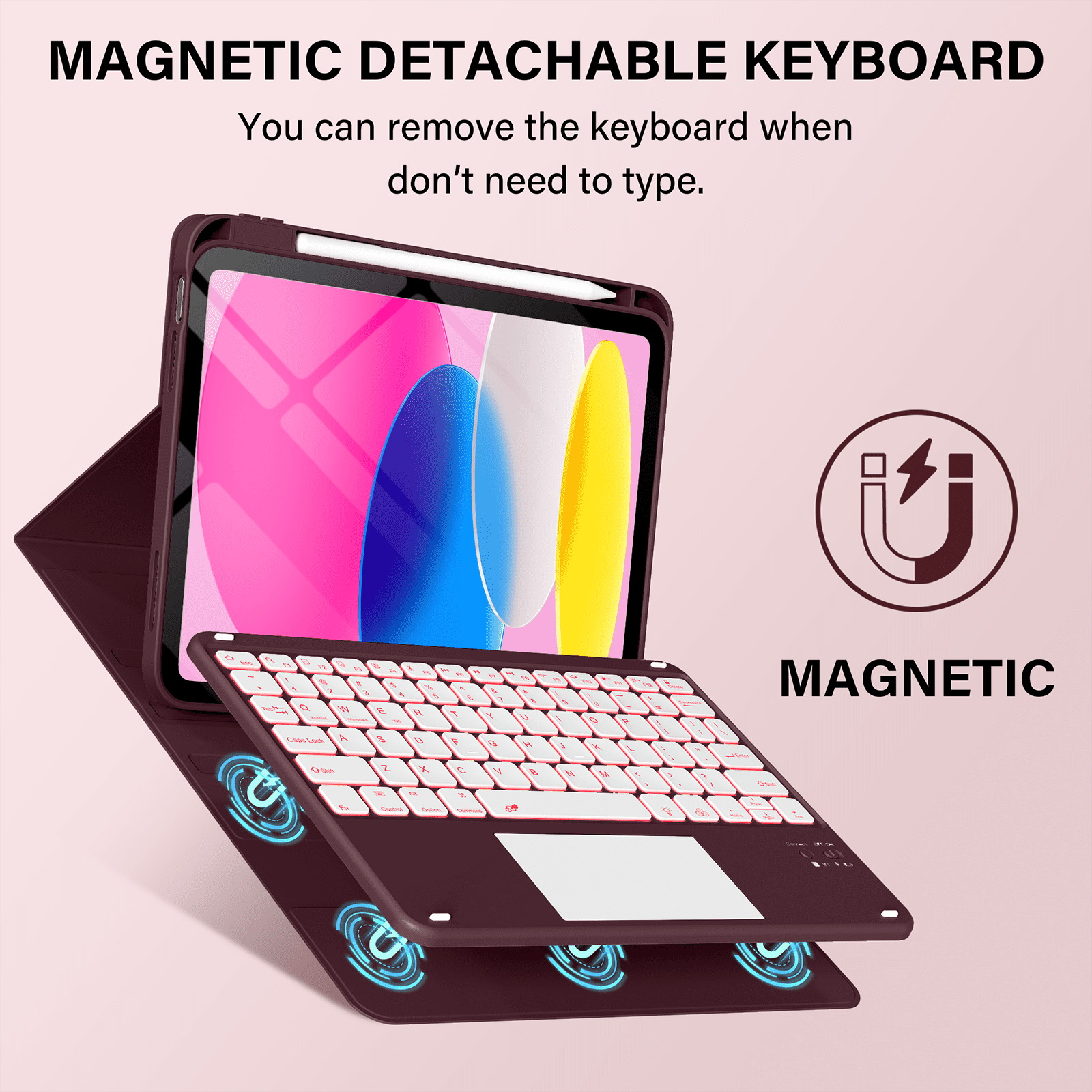 Kenke Keyboard Case Compatible for iPad (A16) 11/10th Generation 11/10.9 inch 2025/2020,Folio Cover with Pencil Holder, Multi-Touch Trackpad,7 Color Backlit,Detachable Bluetooth Keyboard, Dark Cherry