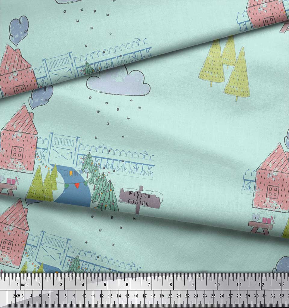 Soimoi Green Poly Georgette Fabric Clouds & Tree Christmas Decor Fabric Printed Yard 52 Inch Wide