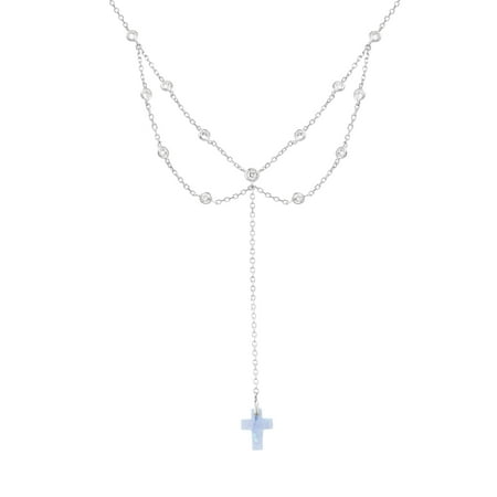 Lab Created Opal and Cubic Zirconia Dangling Cross Choker Necklace in Sterling Silver