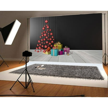 Black Scene Kids - GreenDecor Polyester Fabric 7x5ft Christmas Photography Backdrop Decorations Black Wall Hanging Red Balls Gift Box Scene Photo Background Children Baby Adults Portraits Backdrop