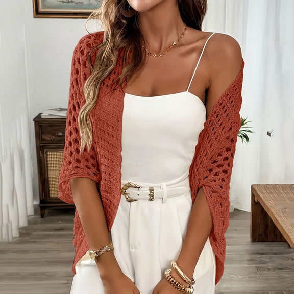 PNTUTB Fashionable Cardigan for Women Outerwear Solid-Color Versatile Openwork-Knit Sweater Buttonless Airy Casual Loose Comfortable Outerwear