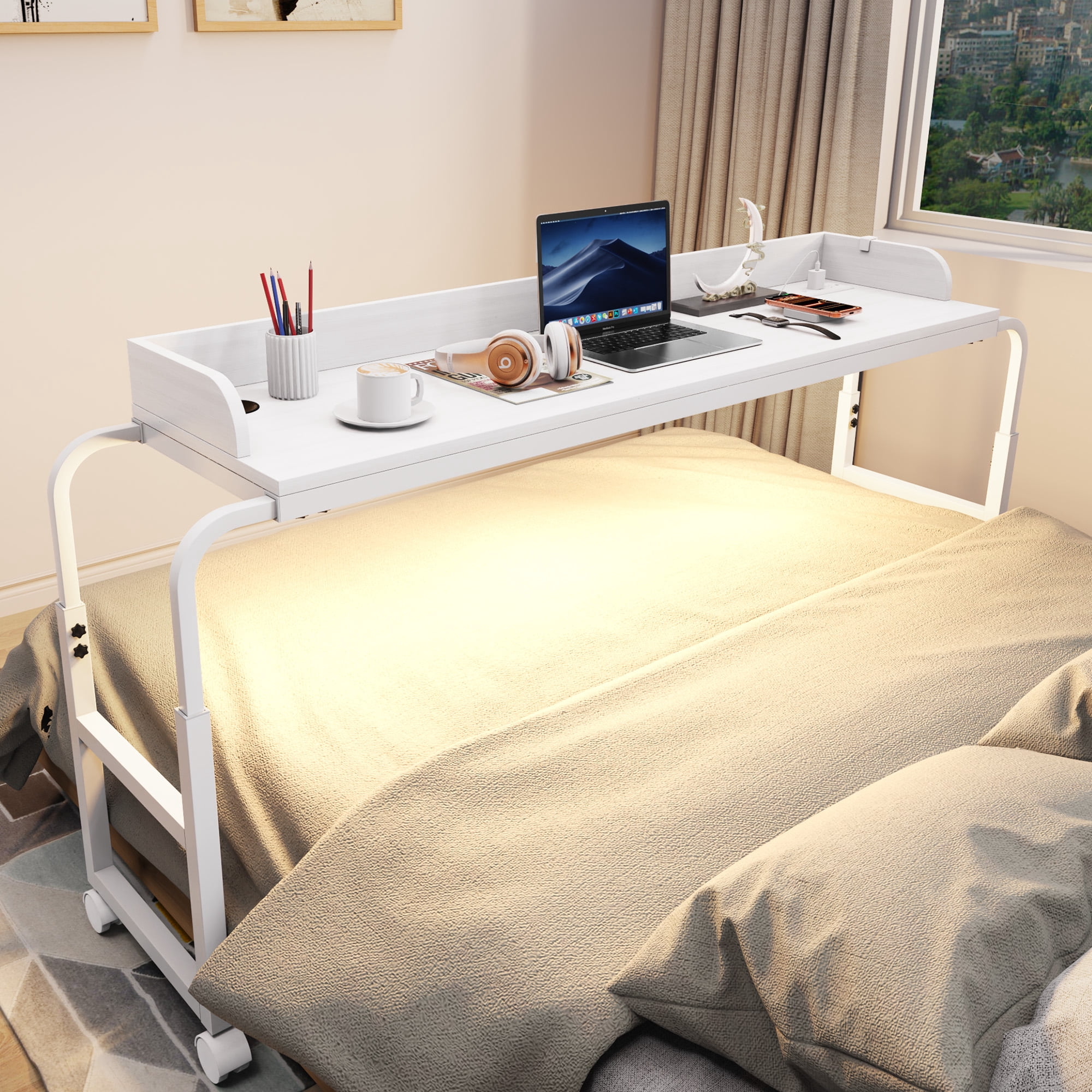 Frmobepts Overbed Table with Wheels, Queen Size Mobile Bed Desk with Adjustable Height and Led Light, Rolling Table, Laptop Table, Recliner Desk, for Bedroom, Living Room, Office,White