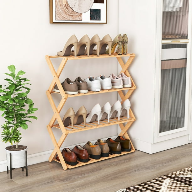 Gymax 4-Tier Foldable Bamboo Shoe Rack Multi-Functional