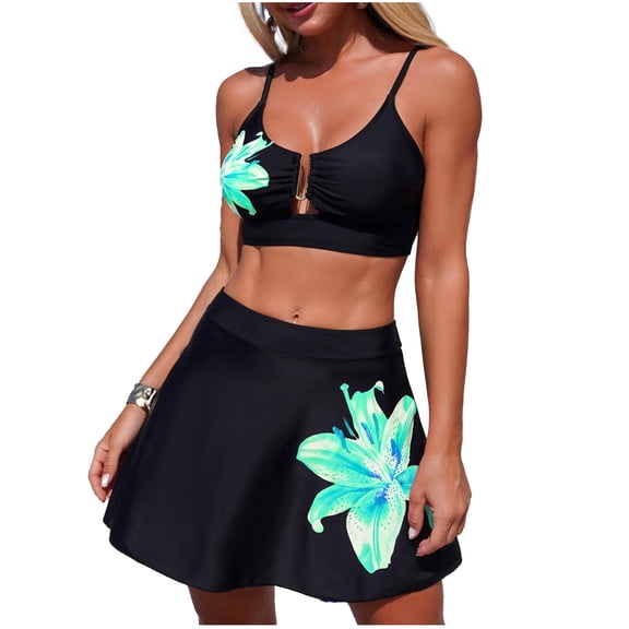 MOJOGO Women's Tankinis Adjustiable Strap Swim Tops with Swing Skirte Floral Print Two Piece Swimsuit Bathing Suit XL