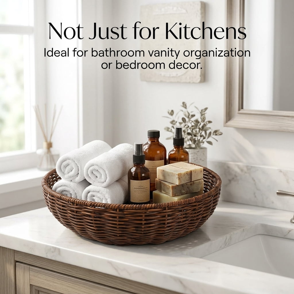 Serving Baskets Set of 3, Round Poly Wicker Bread and Fruit Basket for Food, Washable Storage Bowls for Kitchen Counter