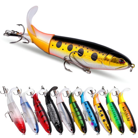 10Pcs Topwater Fishing Lures Set Whopper Plopper with Spinner Tail Hard Baits with Sharp Treble Hooks for Bass Trout Freshwater Saltwater