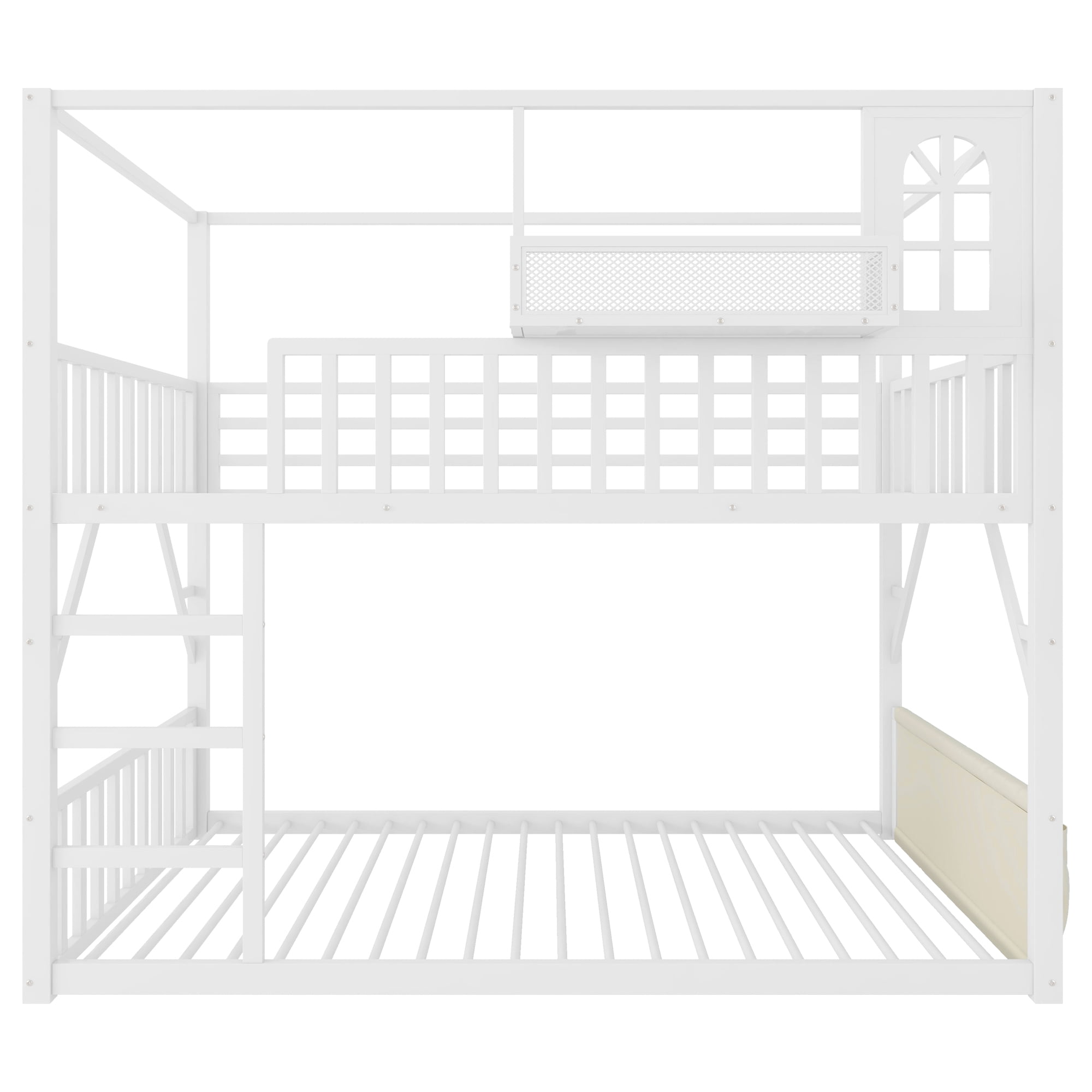 HOQBN Floor Bunk Bed Twin Over Twin,Metal Low Bunk Bed Frame with Storage Shelves and Storage Bag,White