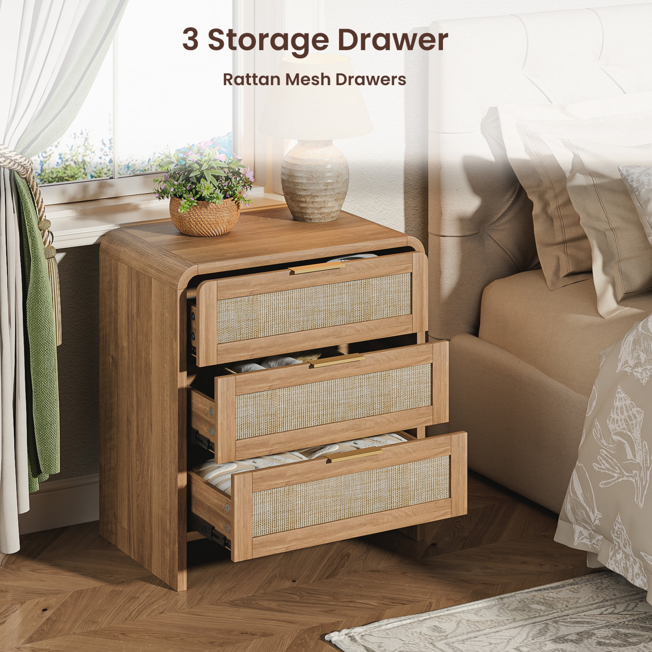 Noble House Felix 23" Rattan Wooden Nightstands, 3-Drawer Curved Bedside Tables with Gold Handles, Caramel