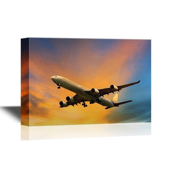wall26 - Flight Canvas Wall Art - Retro Style Airplane Flying at Sunset Time - Gallery Wrap Modern Home Art | Ready to Hang - 16x24 inches
