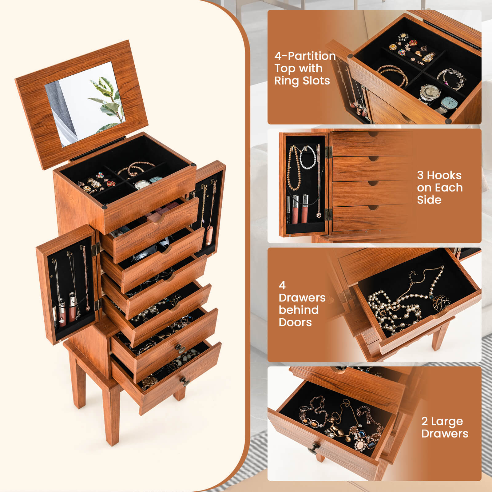 KC Jewelry Supply Wooden Ring Box Organizer - Glass Top Display Case With 36-Slot Tray