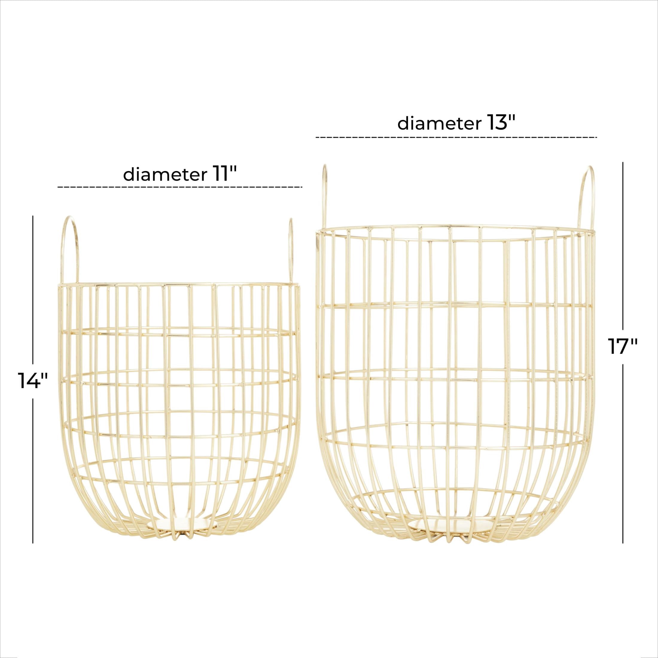 DecMode 13", 11"W Gold Metal Storage Basket with Arched Handles, 2-Pieces