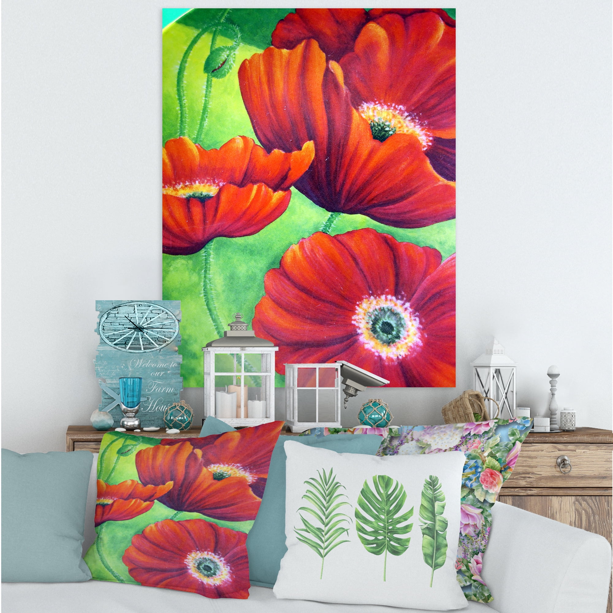 Designart ' Red Blossoming Poppies Over Wild Green V ' Traditional Canvas Wall Art Print