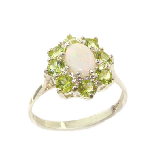 LBG British Made 14k White Gold Natural Opal & Peridot Womens Statement Ring - 33 size options - Size 10