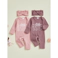 thumbnail image 3 of BemeyourBBs Newborn Baby Girl Little Sister Outfit Letter Embroidered Romper Jumpsuit and Headband 2 Pcs Clothes Set, 3 of 9