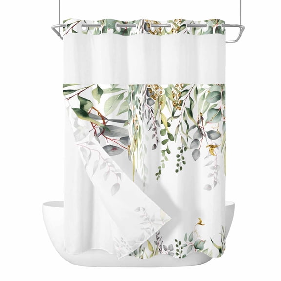 No Hook Eucalyptus Shower Curtain with Snap in Liner Set, Sage Green Botanical Weeping Leaf Waterproof Fabric Bathroom Curtains with See Through Top Window, Hotel Style Stall 48 x 72 Inch