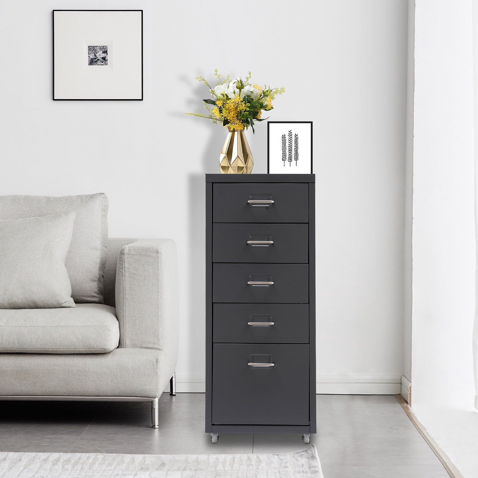 Miumaeov 5-Drawer Metal Storage Cabinet Movable File Cabinet with Wheels for Living Room Office Study  16" D x 11" W x 27" H