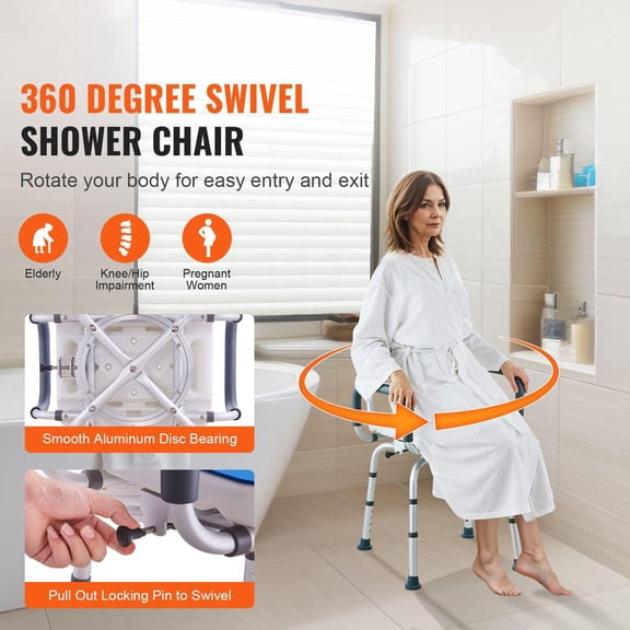 360 Degree Swivel Shower Chair Adjustable Armrests Backrest Non Slip Bath Chair for Elderly Disabled 400 lbs Capacity