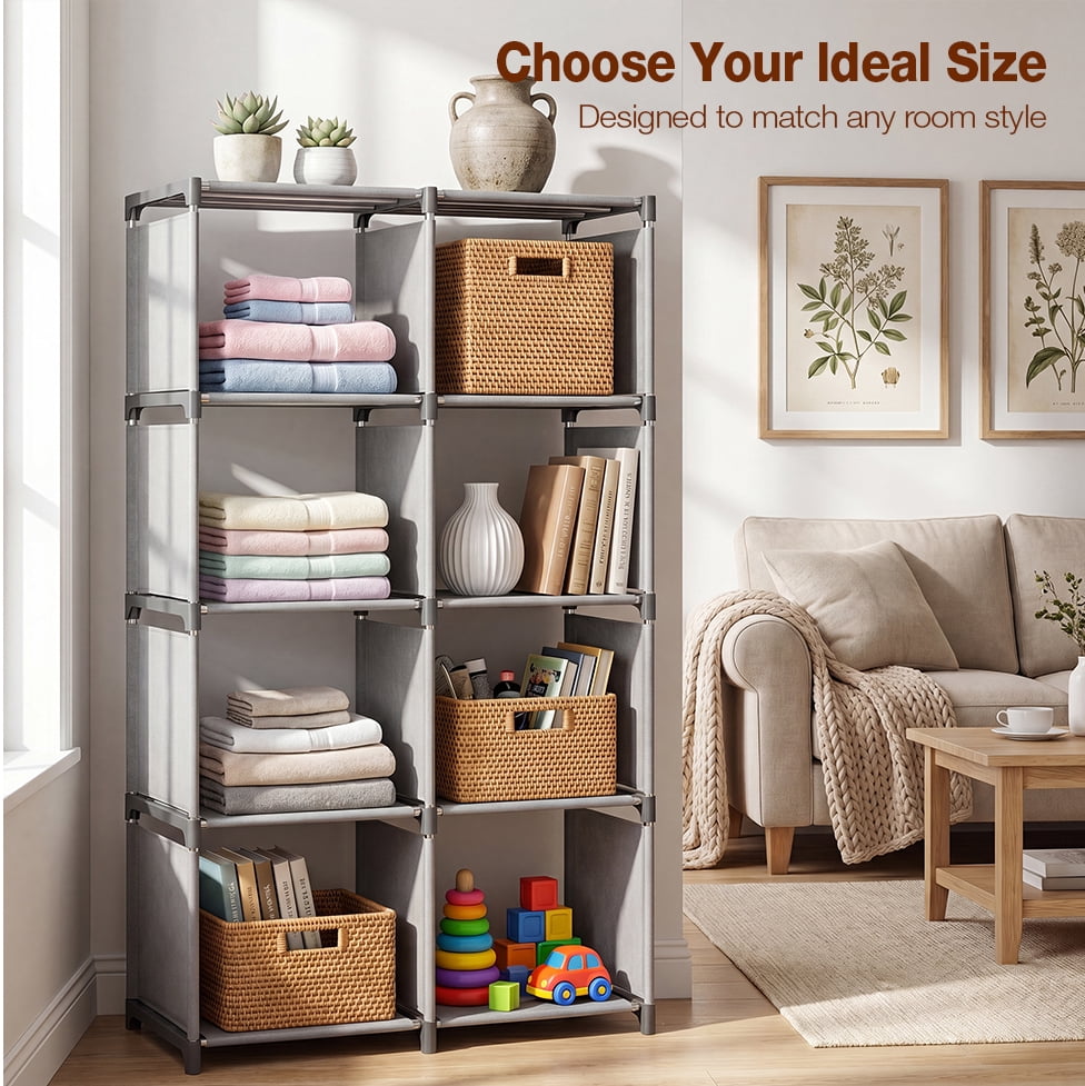 HONEIER Bookshelf, 8-Cube Storage Organizer, 5-Tier Open Bookcase for Bedroom Living Room Office, Gray
