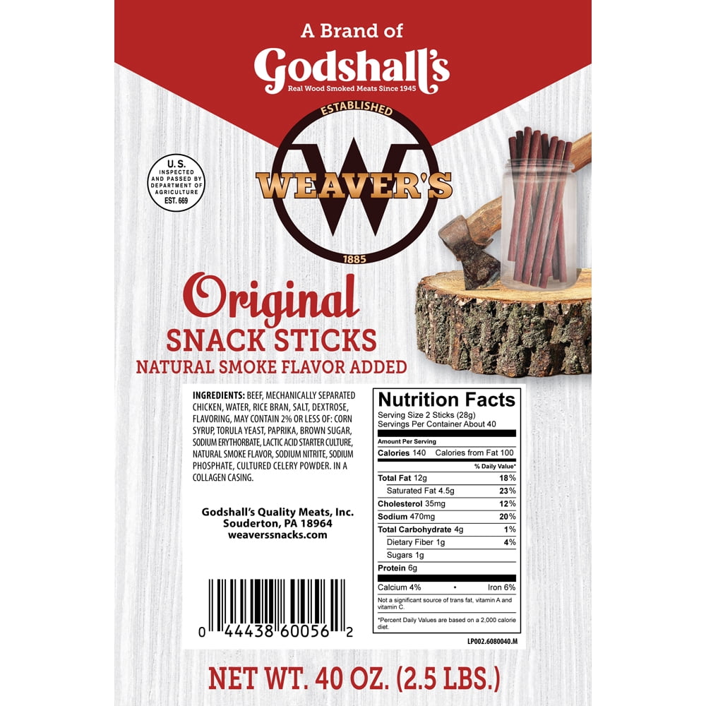 Weaver’s Original Snack Sticks (80 mild flavored 7" beef and chicken snack sticks per 40oz bag)
